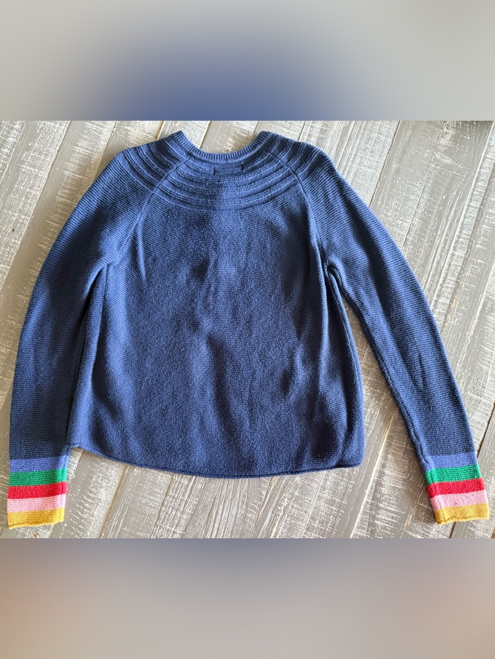 Mini Boden Navy Sweater with Rainbow Stripe Cuffs - Picture 4 of 4